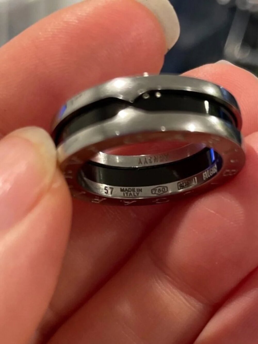 Bulgari Narrow Ceramic Silver White Gold One-Band Black Ring 57 🇮🇹